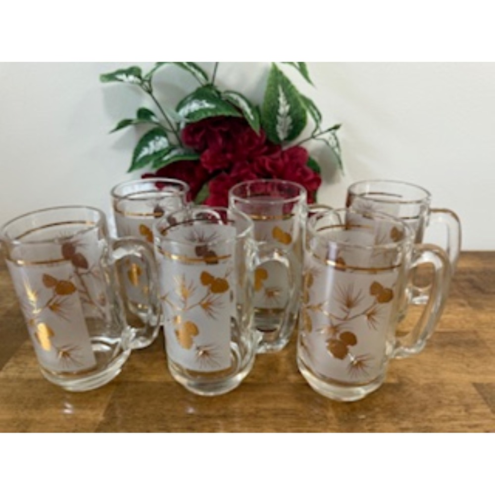 Vintage Libbey Frosted Glass Beer Mugs with Gold Pine Cone Design – Set of 6